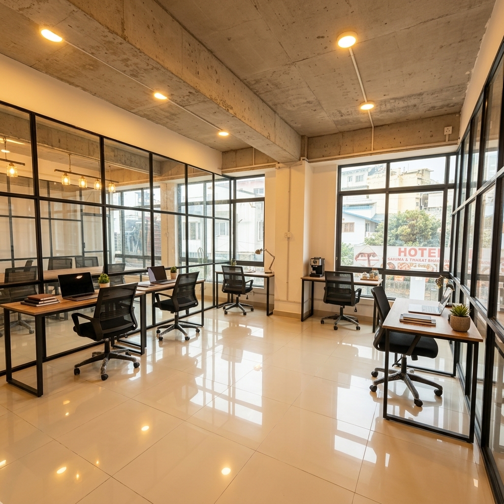 Wolf Offices co-working open workspace with warm lighting and modern desks